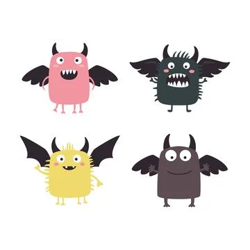 Set of Winged Cute Crazy Ugly Monster Cartoon Character with Humor Happy Ex.. 스톡 일러스트