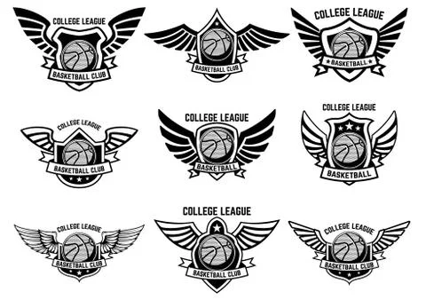 Set of winged emblems with basketball ball. Design element for logo, label, e Stock Illustration