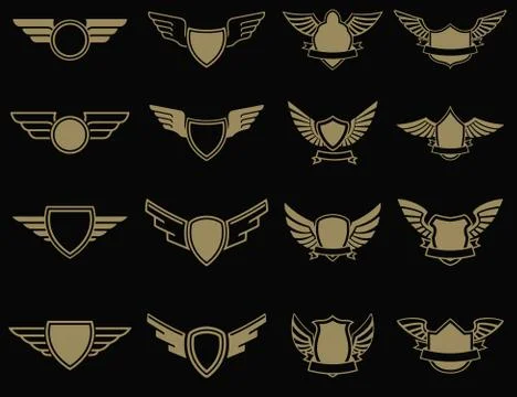 Set of winged emblems in golden style. Design elements for logo, Stock Illustration