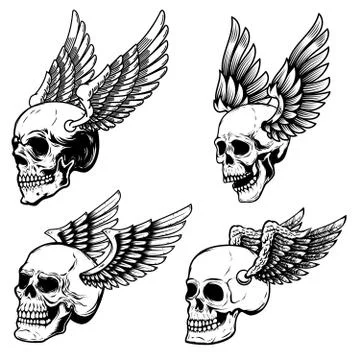 Set of winged human skull isolated on white. Design element for logo, label,  Stock Illustration