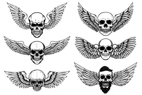 Set of winged human skull isolated on white. Design element for logo, label,  Stock Illustration