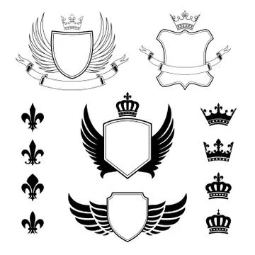 Set of winged shields - coat of arms - heraldic design elements Stock Illustration