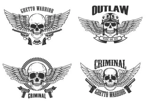 Set of winged skulls with weapon. Design elements for emblem, si Stock Illustration