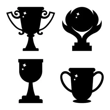 Set of winner trophy cup icons. Black silhouette of awards. Vector illustration. Stock Illustration