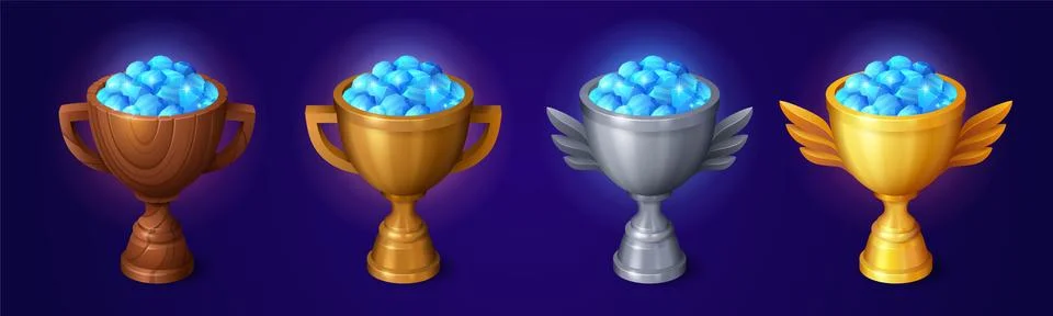 Set of winner trophy cups full of diamond crystals Stock Illustration