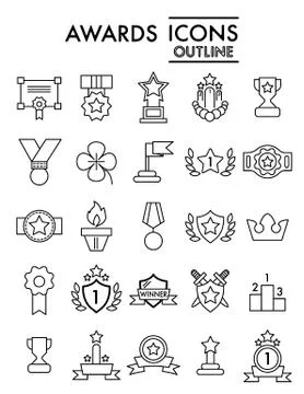Set of winning, awards vector line simple icons. Contains such Icons as Laurel Illustrazione stock