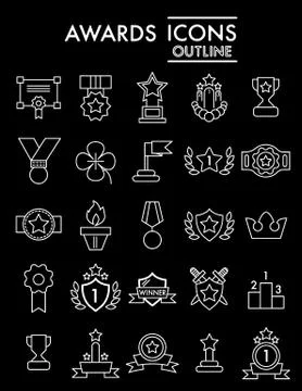 Set of winning, awards vector line simple icons. Contains such Icons as Laurel Illustrazione stock