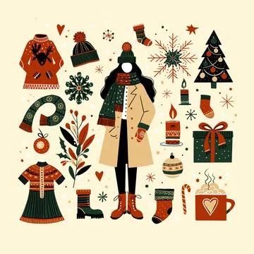 A set of winter and festive elements Illustrazione stock