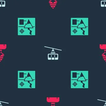 Set Winter athlete, Cable car and Folded map on seamless pattern. Vector Stock Illustration