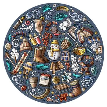 Set of Winter cartoon doodle objects, symbols and items Stock Illustration