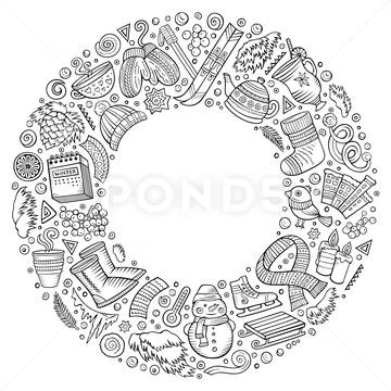 Set of Winter cartoon doodle objects, symbols and items Stock Illustration
