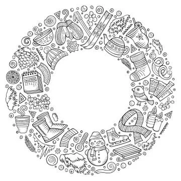 Set of Winter cartoon doodle objects, symbols and items Stockillustratie