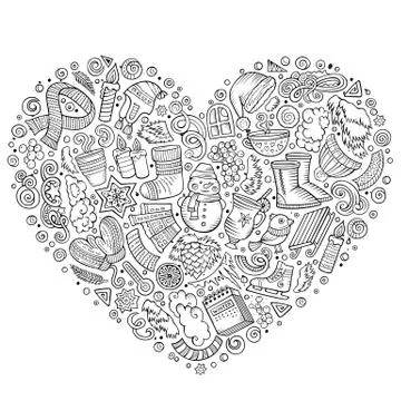Set of Winter cartoon doodle objects, symbols and items Illustrazione stock