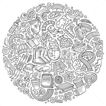 Set of Winter cartoon doodle objects, symbols and items Stock Illustration