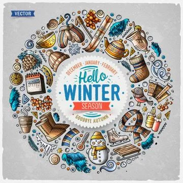 Set of Winter cartoon doodle objects, symbols and items Stockillustratie
