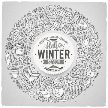 Set of Winter cartoon doodle objects, symbols and items Stock Illustration