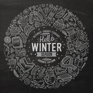Set of Winter cartoon doodle objects, symbols and items Stock Illustration