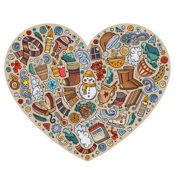 Set of Winter cartoon doodle objects, symbols and items Stock Illustration