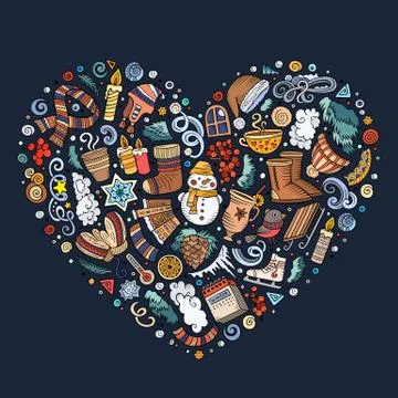 Set of Winter cartoon doodle objects, symbols and items Stock Illustration