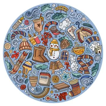 Set of Winter cartoon doodle objects, symbols and items Stock Illustration