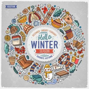 Set of Winter cartoon doodle objects, symbols and items Stock Illustration