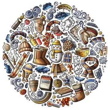 Set of Winter cartoon doodle objects, symbols and items Stock Illustration