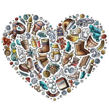 Set of Winter cartoon doodle objects, symbols and items Illustrazione stock