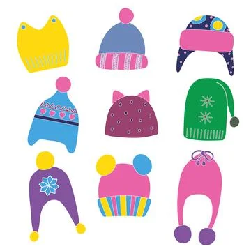 Set of winter children's hats. Hello winter. Flat vector illustration. Desi.. Stock Illustration