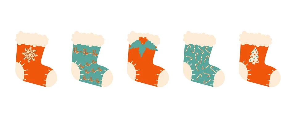 Set of winter Christmas socks. Elements of winter celebration with differen.. Illustrazione stock