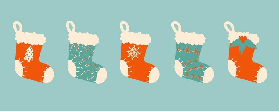 Set of winter Christmas socks. Elements of winter celebration with differen.. Stock Illustration