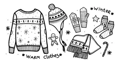 Set of winter clothes and sweets with ornament. Stock Illustration