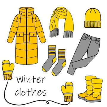 Set of winter clothes in doodle style. A collection of hand-drawn sketches .. Stock Illustration
