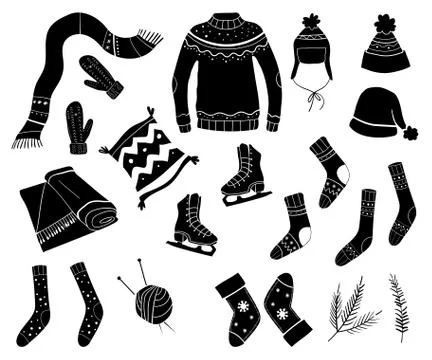 Set of winter clothes, sweater, hat, scarf, skates, socks. Black silhouettes of Stock Illustration