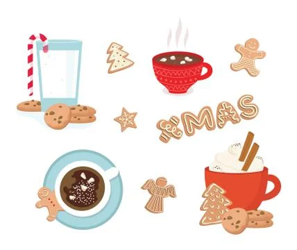Set of winter drinks, phrases and gingerbread cookies. Winter set for Christmas Stock Illustration