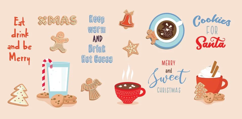 Set of winter drinks, phrases and gingerbread cookies. Winter set for Christmas Stock Illustration