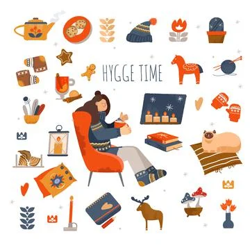 Set winter elements and Hygge concept design. Merry Christmas greeting card Illustrazione stock