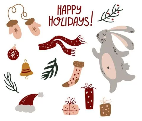 Set of winter elements. Bunny, Mittens, Sock, Scarf, Hat, Christmas Tree Toys Stock Illustration