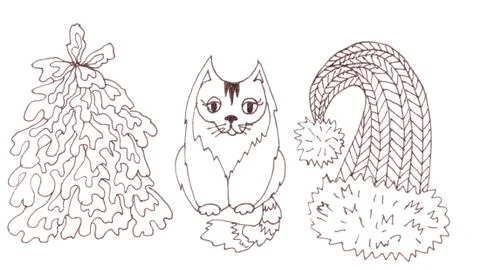 Set of winter elements christmas tree, cat and winter hat, graphic black and  스톡 일러스트