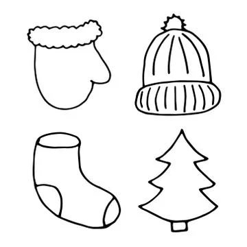 Set of winter elements, hand drawn doodle style illustrations. Mitten, sock Illustrazione stock