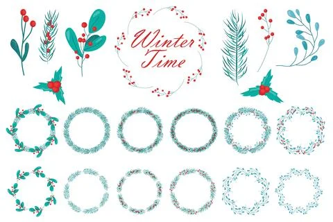 Set of winter elements spruce branches, red berries, eucalyptus. Botanical 스톡 일러스트