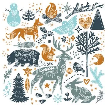 Set of winter forest animals in Scandinavian style vector Stock Illustration