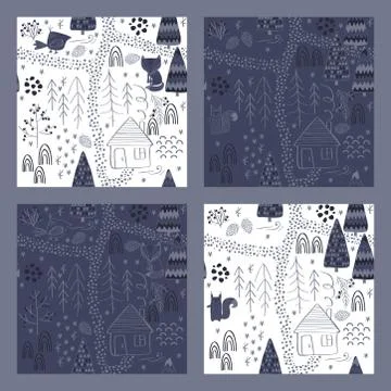 Set of Winter forest background with animals and trees. Seamless pattern Illustrazione stock