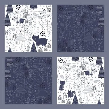 Set of Winter forest background with animals and trees. Seamless pattern Illustrazione stock
