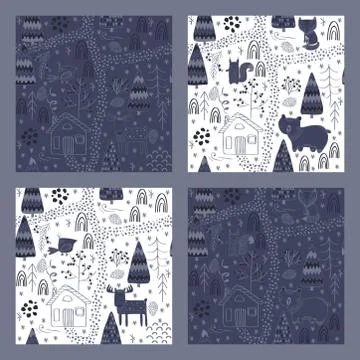 Set of Winter forest background with animals and trees. Seamless pattern イラスト素材