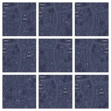 Set of Winter forest background with animals and trees. Seamless pattern Stock Illustration