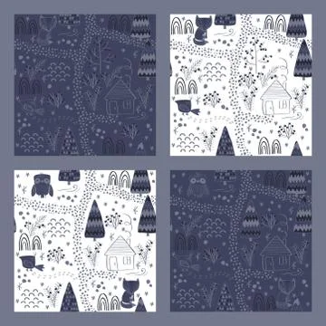 Set of Winter forest background with animals and trees. Seamless pattern 스톡 일러스트