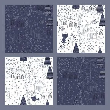 Set of Winter forest background with animals and trees. Seamless pattern Stock Illustration