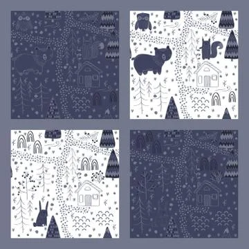 Set of Winter forest background with animals and trees. Seamless pattern Stock Illustration
