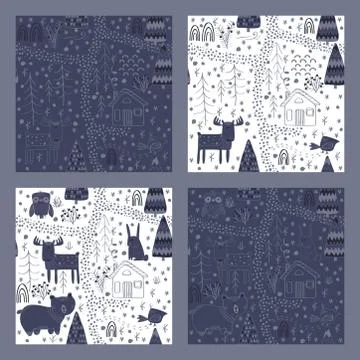 Set of Winter forest background with animals and trees. Seamless pattern Stockillustratie