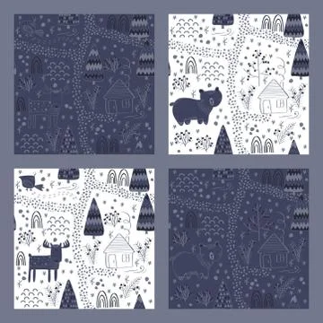Set of Winter forest background with animals and trees. Seamless pattern Stock Illustration